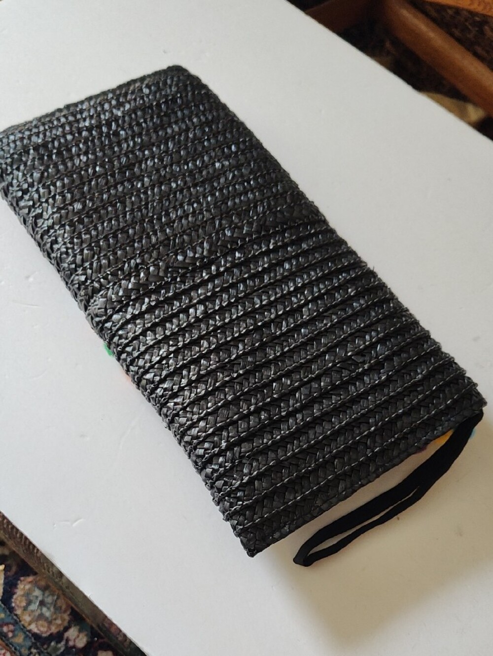 Black Straw Woven Multicolor Pom-Pom Clutch Purse - Picture 5 of 9